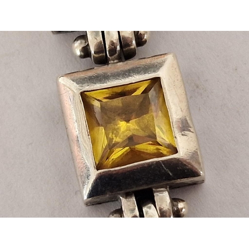 72 - Decorative Silver Bracelet with Squares of Yellow Colour Stones, (Approx. L: 19.5cm, Weight 46g)