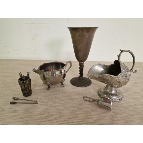 89 - Silver Plated Sugar Scuttle with Scoop, Cream Jug, Goblet and Set of Metal Cocktail Picks in Holder,... 