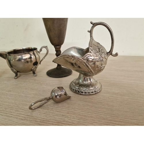 89 - Silver Plated Sugar Scuttle with Scoop, Cream Jug, Goblet and Set of Metal Cocktail Picks in Holder,... 