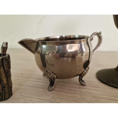 89 - Silver Plated Sugar Scuttle with Scoop, Cream Jug, Goblet and Set of Metal Cocktail Picks in Holder,... 