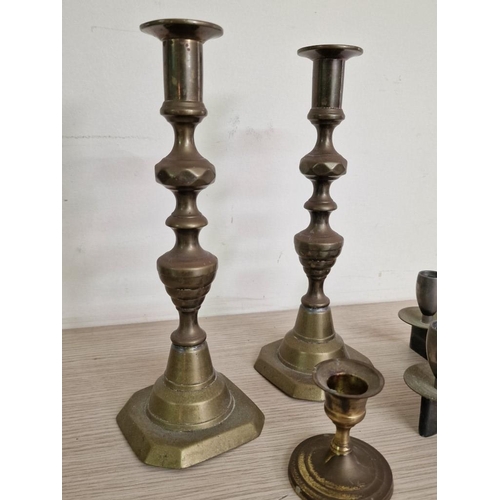 98 - Pair of Brass Candlesticks, Smaller Single Candle Holder and Two Tone Metal Curved Twin Candle Holde... 