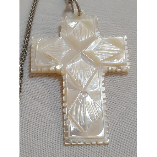 806 - Engraved Mother of Pearl / Cross / Sterling Silver Chain, Total Weight 7.7grms