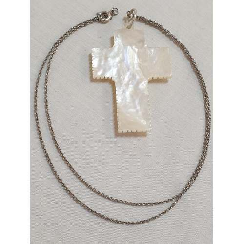 806 - Engraved Mother of Pearl / Cross / Sterling Silver Chain, Total Weight 7.7grms