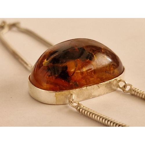 71 - Large Amber with Insect in Hand Made Silver Bracelet, (Approx. L: 20cm, Total Weight 22g, Amber: 33 ... 