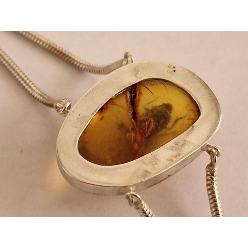 71 - Large Amber with Insect in Hand Made Silver Bracelet, (Approx. L: 20cm, Total Weight 22g, Amber: 33 ... 