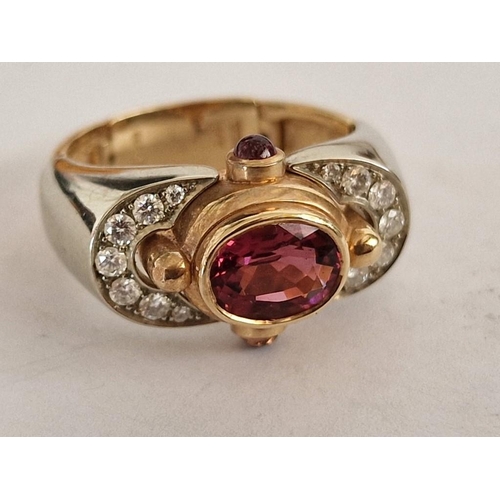 76 - Designer 14ct Two-Tone Gold with Oval Cut Ruby(?) Red Stone and Surrounding 14 x Round Cut Diamonds,... 