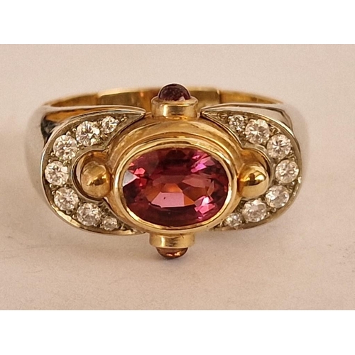 76 - Designer 14ct Two-Tone Gold with Oval Cut Ruby(?) Red Stone and Surrounding 14 x Round Cut Diamonds,... 