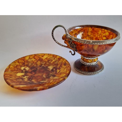 90 - Natural Amber Cup with Decorative White Metal Mount, Handle and Base, (Approx. H: 8cm), Together wit... 