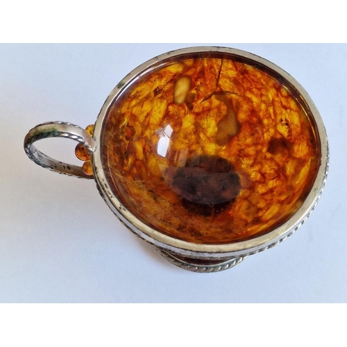 90 - Natural Amber Cup with Decorative White Metal Mount, Handle and Base, (Approx. H: 8cm), Together wit... 