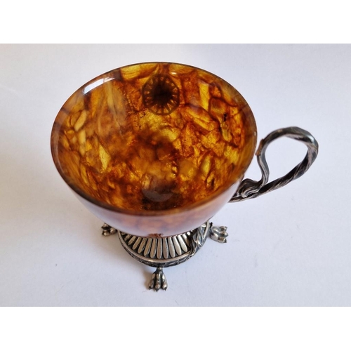 91 - Natural Russian Amber Cup with Decorative White Metal Base, Claw Feet, Lion Face and Shaped Handle, ... 