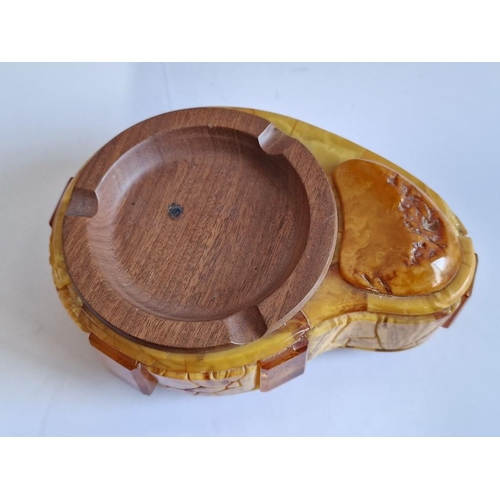 93 - Decorative Natural Amber and Wood Ashtray, (Approx. 16 x 11 x 6cm Overall)