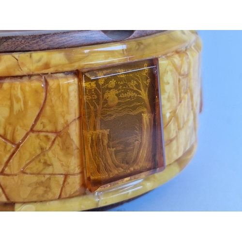 93 - Decorative Natural Amber and Wood Ashtray, (Approx. 16 x 11 x 6cm Overall)