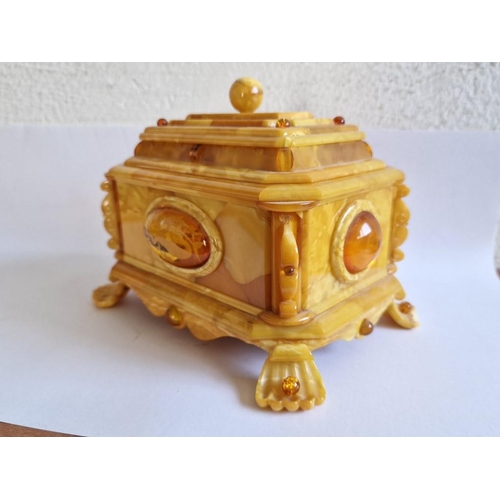 94 - Decorative Lidded Natural Amber Box with Red Velvet Liner, (Approx. 16 x 12 x 11cm Overall)