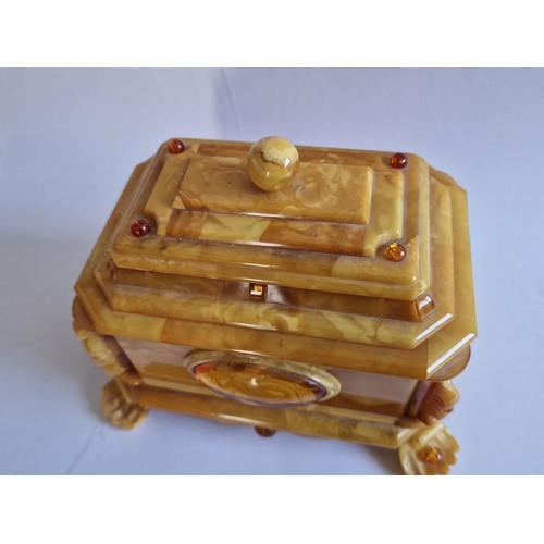 94 - Decorative Lidded Natural Amber Box with Red Velvet Liner, (Approx. 16 x 12 x 11cm Overall)