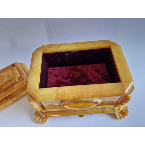 94 - Decorative Lidded Natural Amber Box with Red Velvet Liner, (Approx. 16 x 12 x 11cm Overall)