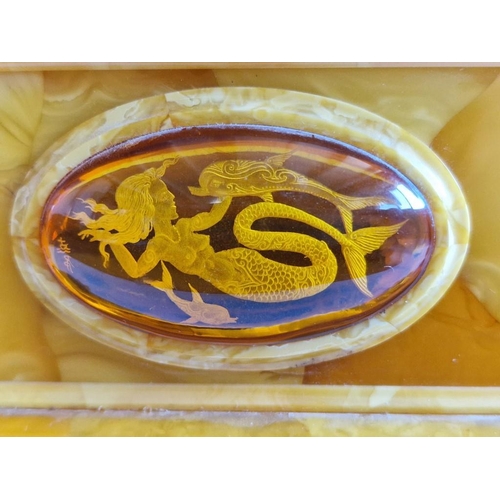 94 - Decorative Lidded Natural Amber Box with Red Velvet Liner, (Approx. 16 x 12 x 11cm Overall)