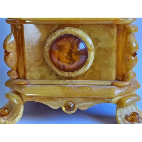 94 - Decorative Lidded Natural Amber Box with Red Velvet Liner, (Approx. 16 x 12 x 11cm Overall)