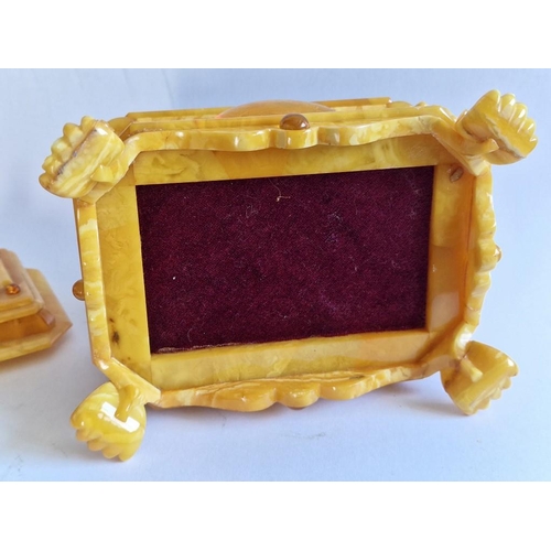 94 - Decorative Lidded Natural Amber Box with Red Velvet Liner, (Approx. 16 x 12 x 11cm Overall)