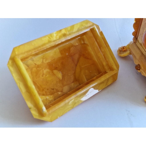 94 - Decorative Lidded Natural Amber Box with Red Velvet Liner, (Approx. 16 x 12 x 11cm Overall)