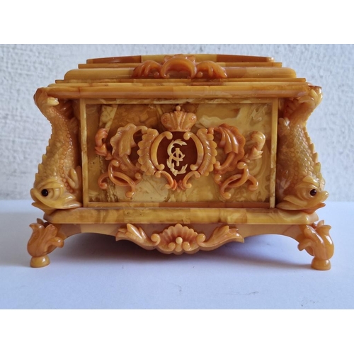 95 - Highly Decorative Lidded Natural Amber Box, with Hand Painted Venetian Scene on the Lid, Velvet Line... 