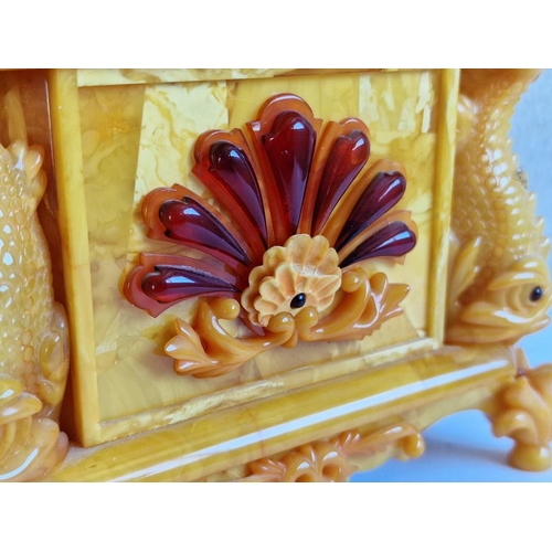 95 - Highly Decorative Lidded Natural Amber Box, with Hand Painted Venetian Scene on the Lid, Velvet Line... 