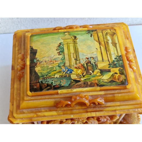 95 - Highly Decorative Lidded Natural Amber Box, with Hand Painted Venetian Scene on the Lid, Velvet Line... 