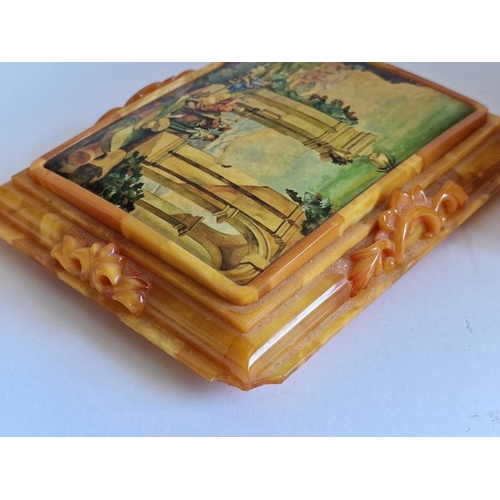 95 - Highly Decorative Lidded Natural Amber Box, with Hand Painted Venetian Scene on the Lid, Velvet Line... 