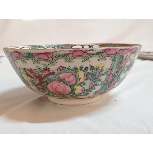 273 - Hand Painted Chinese Porcelain Set; Large Bowl, Small Bowl, Saucer and Spoon Together with 2 x Decor... 