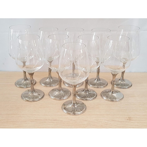 77 - Set of 10 x Wine Glass with White Metal Legs (Probably Pewter) Decorated with Leaf Pattern