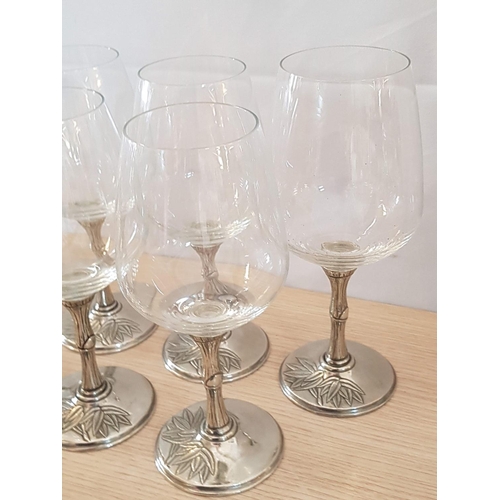 77 - Set of 10 x Wine Glass with White Metal Legs (Probably Pewter) Decorated with Leaf Pattern