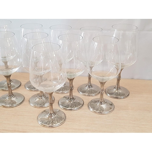 77 - Set of 10 x Wine Glass with White Metal Legs (Probably Pewter) Decorated with Leaf Pattern