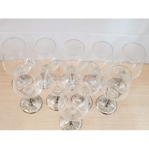 77 - Set of 10 x Wine Glass with White Metal Legs (Probably Pewter) Decorated with Leaf Pattern