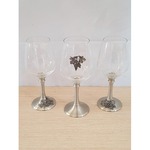 78 - Set of 3 x Wine Glasses with White Metal Legs (Probably Pewter) and Decorated with Grapes