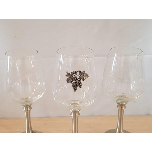 78 - Set of 3 x Wine Glasses with White Metal Legs (Probably Pewter) and Decorated with Grapes