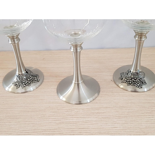 78 - Set of 3 x Wine Glasses with White Metal Legs (Probably Pewter) and Decorated with Grapes