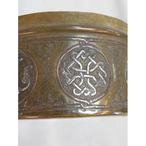 223 - Antique Solid Brass / Silver / Copper (Response Inlaid Wire) Lidded Pot Middle Eastern (H:7cm x Ø12c... 