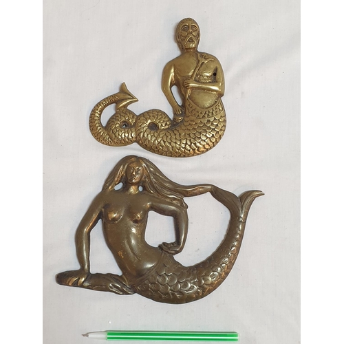 249 - Vintage Heavy Solid Brass Sea God Poseidon / Neptune Wall Plaque with a Heavy Brass Mermaid Wall Pla... 