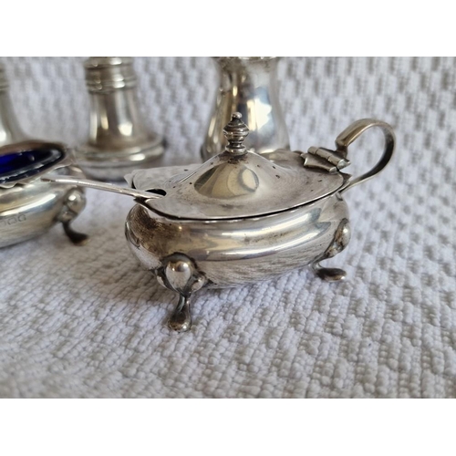 101 - 5 x Piece Sterling Silver Cruet Set; Salt & Pepper, Sugar Sifter, 2 x Dishes with Cobalt Blue Glass ... 