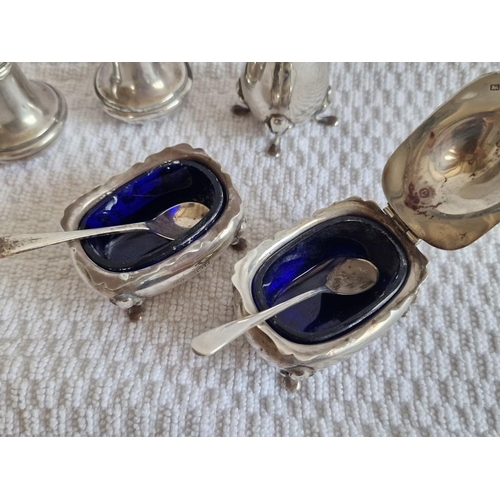 101 - 5 x Piece Sterling Silver Cruet Set; Salt & Pepper, Sugar Sifter, 2 x Dishes with Cobalt Blue Glass ... 