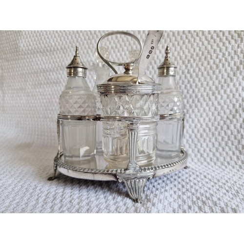 102 - Antique Silver & Crystal 5-Piece Cruet Set on Silver Tray / Stand with Carrying Handle, (Approx. H: ... 