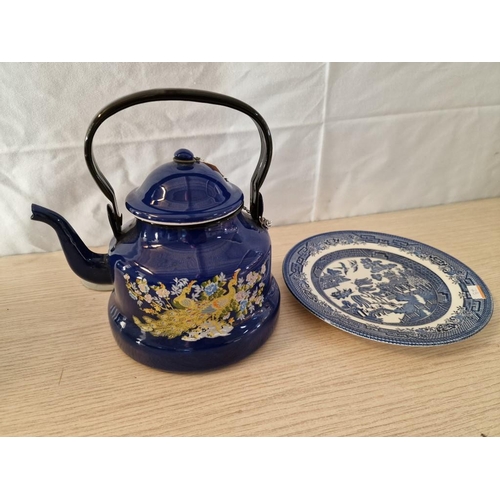 28 - Blue Enamel Metal Tea Pot with Peacock Decoration, Together with Churchill Plate with Blue & White C... 