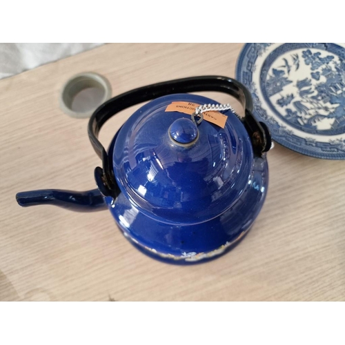 28 - Blue Enamel Metal Tea Pot with Peacock Decoration, Together with Churchill Plate with Blue & White C... 