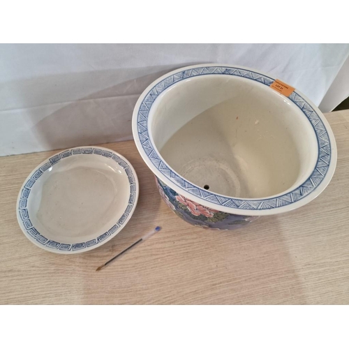 21 - Large Porcelain Planter with Oriental Style Floral Decoration, Together with Round Plate with Blue &... 