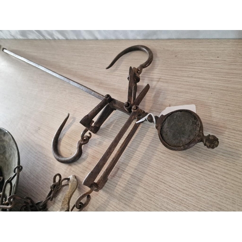 32 - Antique Metal Hanging Balance Scales with Pan and Hooks, (Missing Weight)