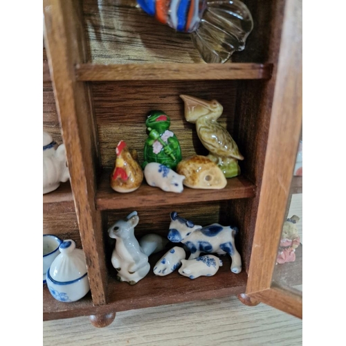 33 - Small Wooden Table-top Display Cabinet with Glazed Door and Miniature Porcelain Animals & Decorative... 
