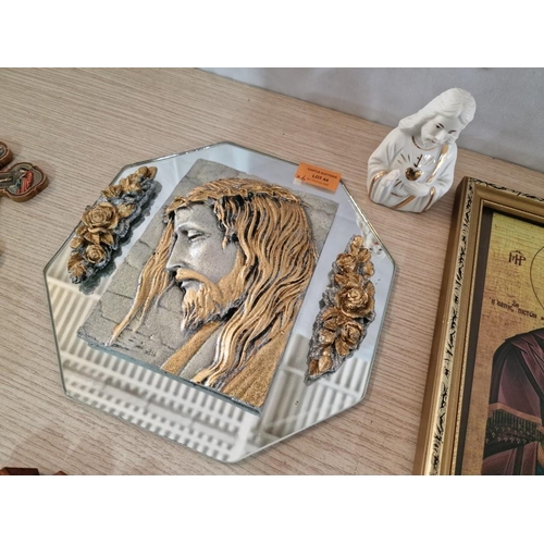 44 - Collection of Icons and Religious Items; Mirror Backed Relief, Cross Shape Wall Hanging, Long Wooden... 