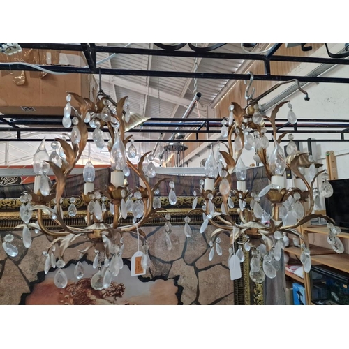 503 - Pair of Vintage Style Brass Effect Chandeliers with Hanging Crystals, (2)