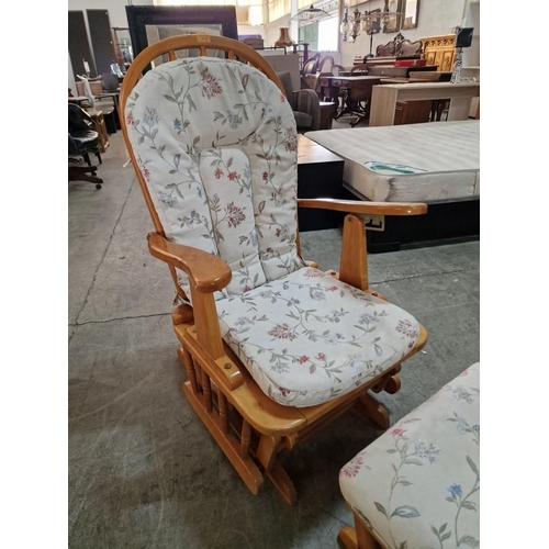 109 - Solid Wood Rocking Chair with Matching Rocking Foot Stool and Floral Pattern Cushions, (2)