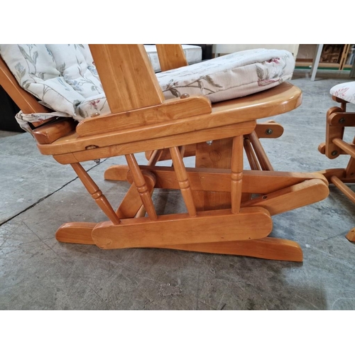 109 - Solid Wood Rocking Chair with Matching Rocking Foot Stool and Floral Pattern Cushions, (2)