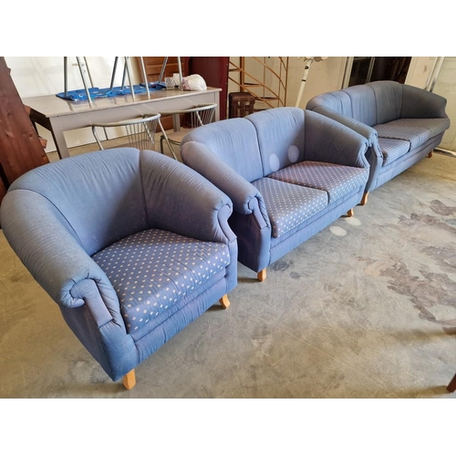 536 - Blue Fabric 3-Piece Suite; 3 Seater Sofa, 2 Seater Sofa and Matching Armchair over Wooden Legs, (3)